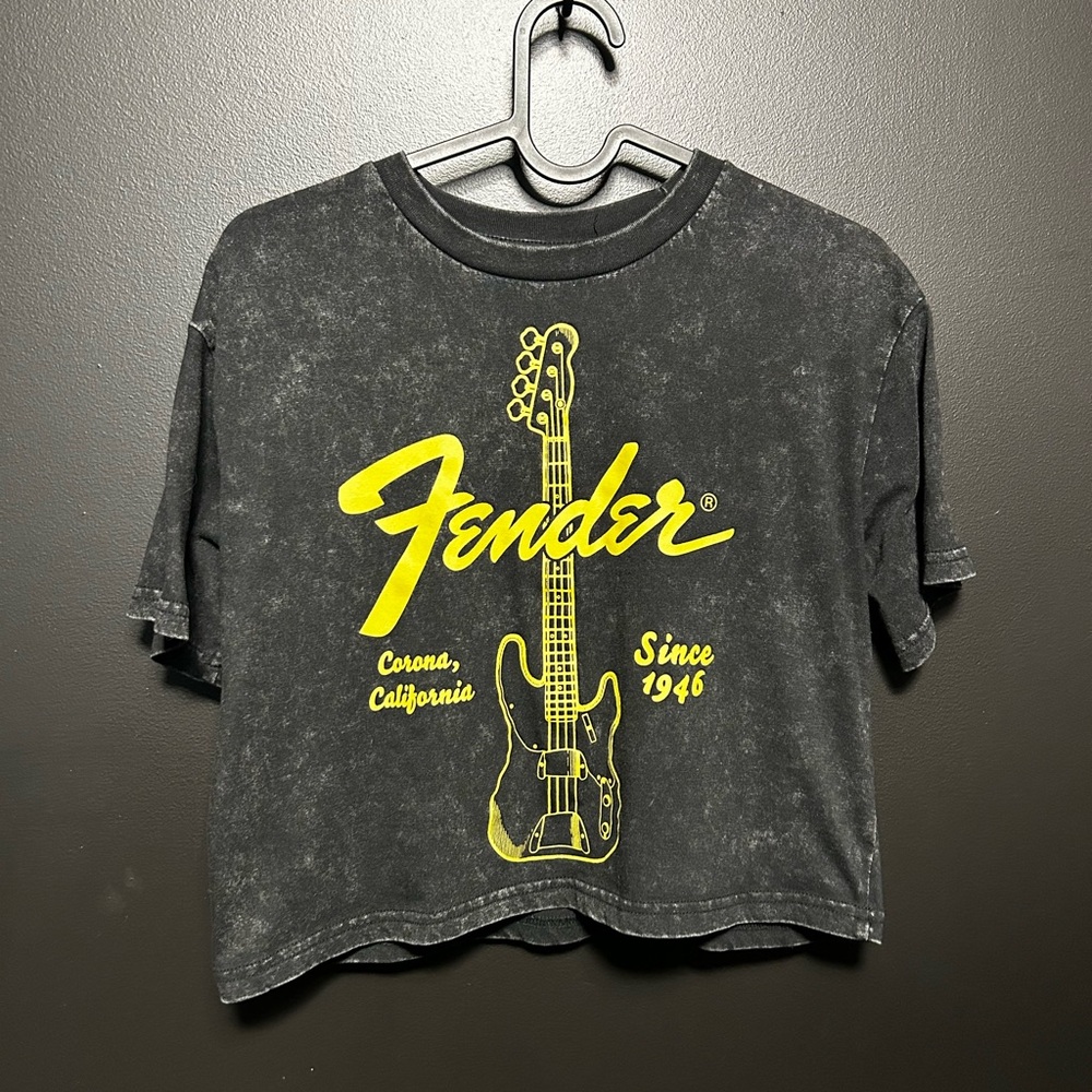 Fender Distressed Black Tee with Yellow Guitar Graphic